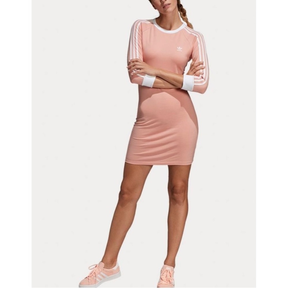 Adidas Originals 3 Stripes Dress Medium Ribbed 3/4 Sleeve Crewneck Mini Pink
